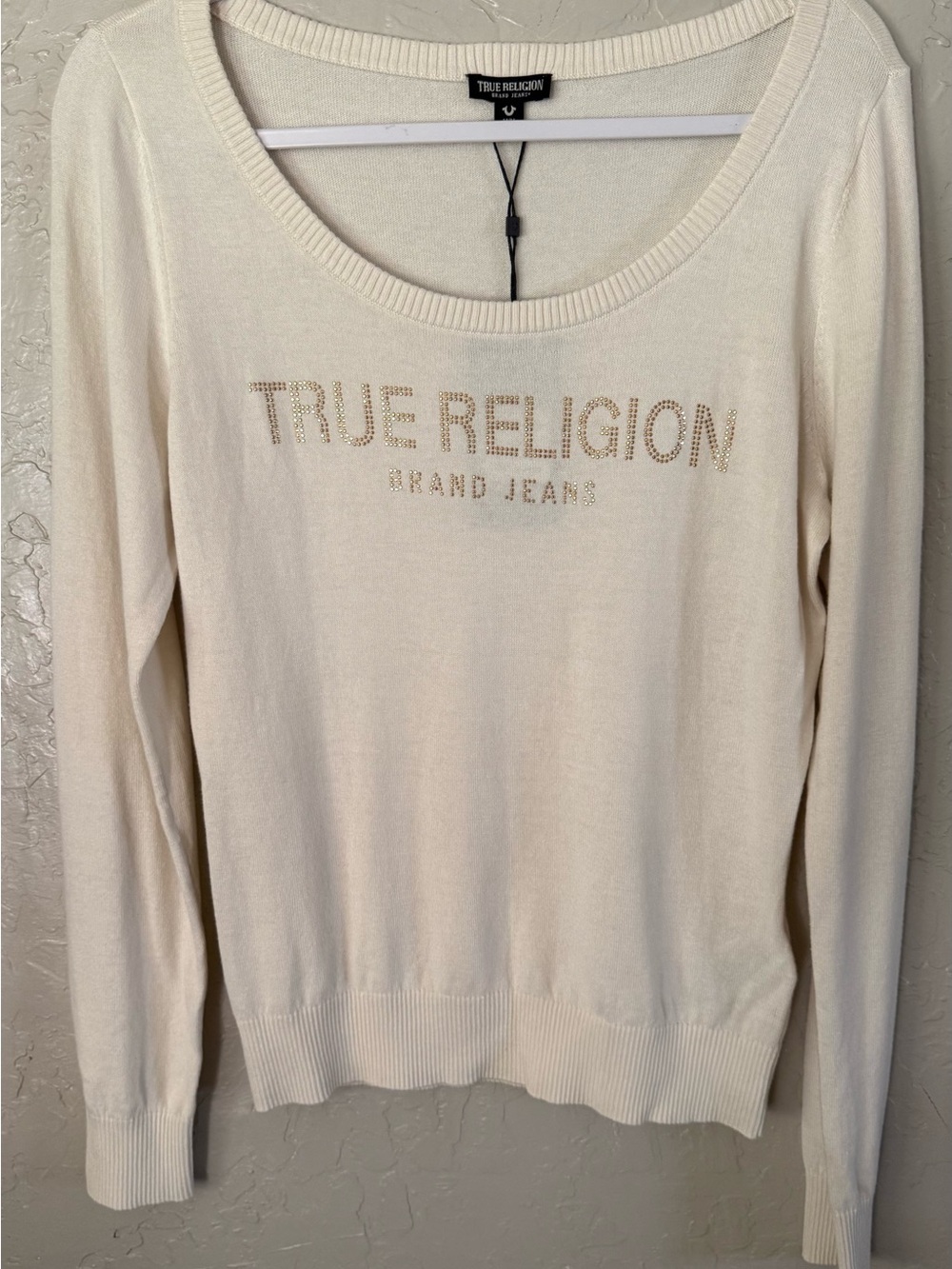 True Religion Cream Knit Sweatshirt with Rhinestone Logo